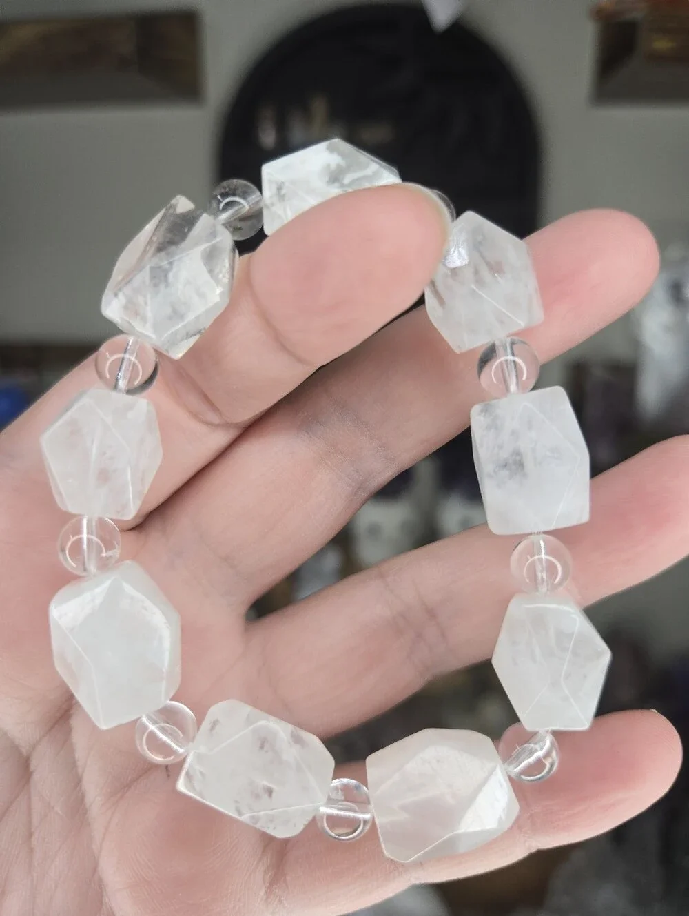 HQ Faceted White Garden Quartz & Clear Quartz Crystal Beaded Bracelet